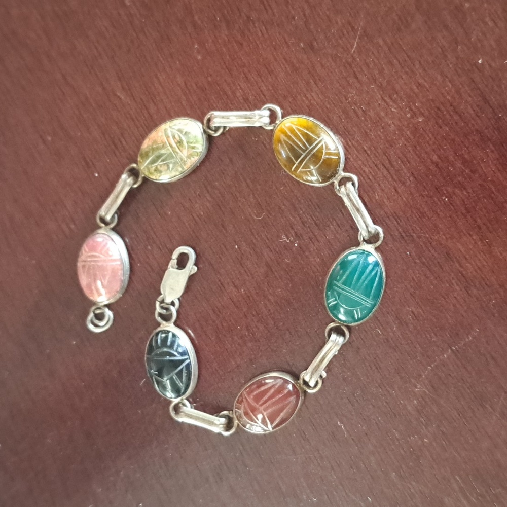 925SS Scarab Egyptian Bracelet 7" with Cabochon beetle semi precious stones.